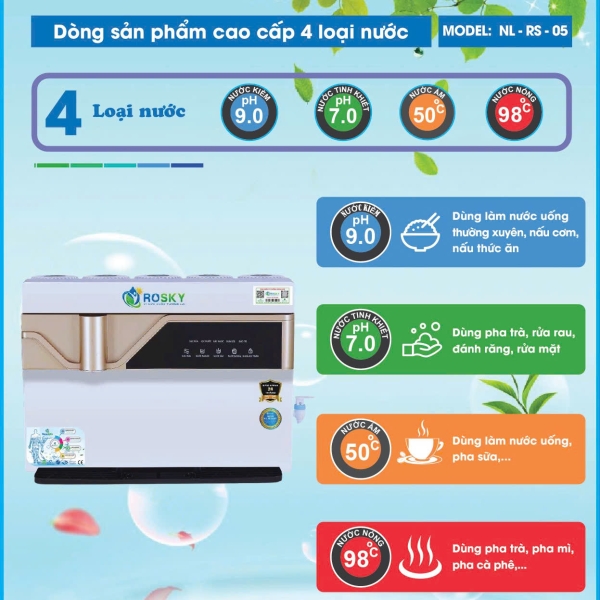 MÁY LỌC NƯỚC NÓNG NGUỘI I-ON KIỀM ROSKY NLRS05